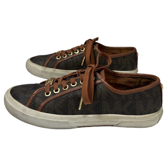 Michael Kors Monogram Boerum Sneakers Brown Gold Luxury Designer MK Logo Size 6M - Picture 9 of 16